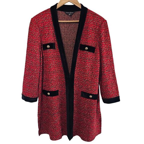 Ming Wang Velvet Embellished Tweed Jacket Womens Large Red Black Knit Luxury - Picture 1 of 11